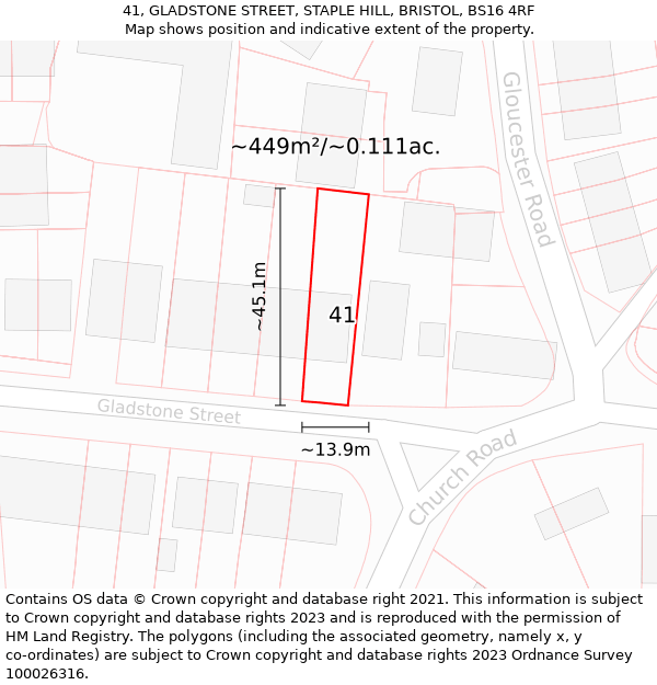 41, GLADSTONE STREET, STAPLE HILL, BRISTOL, BS16 4RF: Plot and title map