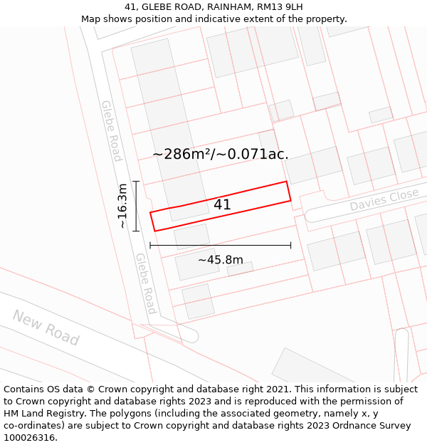 41, GLEBE ROAD, RAINHAM, RM13 9LH: Plot and title map