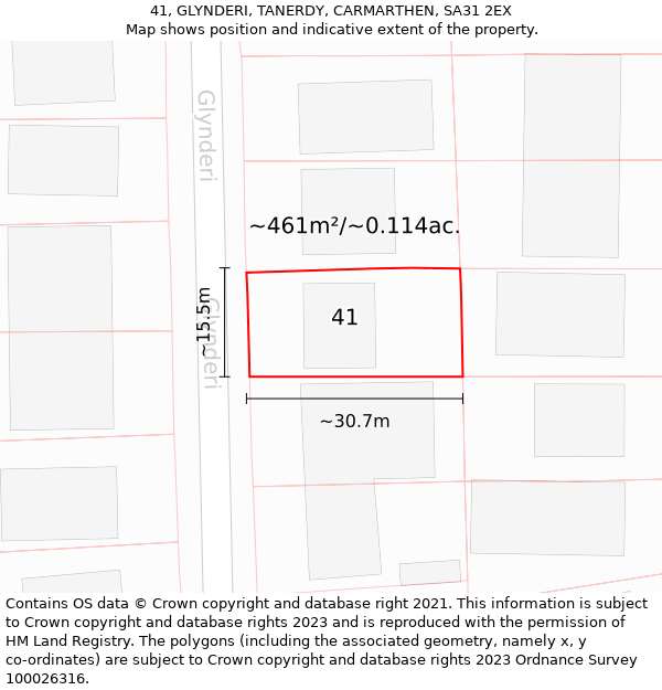 41, GLYNDERI, TANERDY, CARMARTHEN, SA31 2EX: Plot and title map