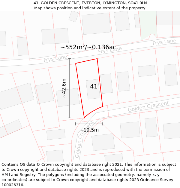 41, GOLDEN CRESCENT, EVERTON, LYMINGTON, SO41 0LN: Plot and title map