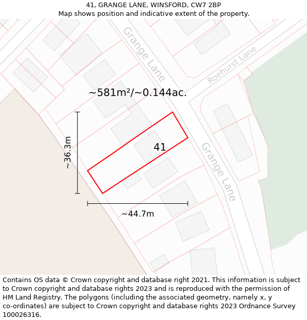 41, GRANGE LANE, WINSFORD, CW7 2BP: Plot and title map