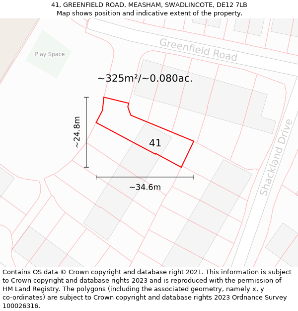 41, GREENFIELD ROAD, MEASHAM, SWADLINCOTE, DE12 7LB: Plot and title map