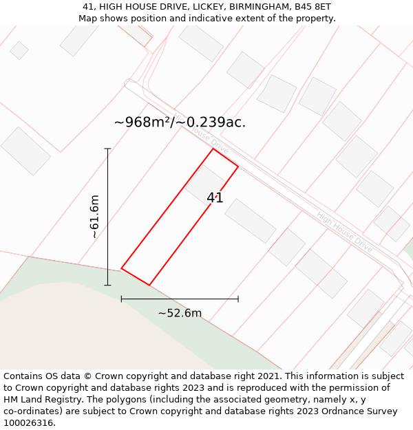 41, HIGH HOUSE DRIVE, LICKEY, BIRMINGHAM, B45 8ET: Plot and title map