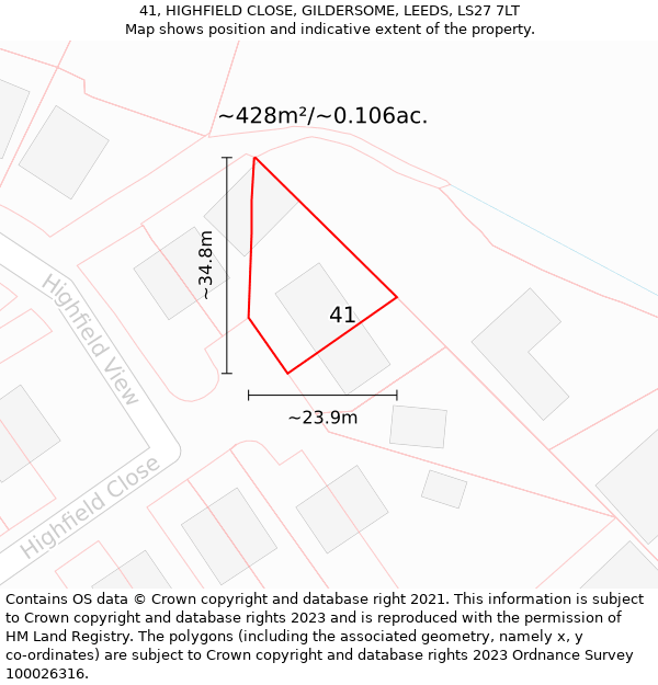 41, HIGHFIELD CLOSE, GILDERSOME, LEEDS, LS27 7LT: Plot and title map