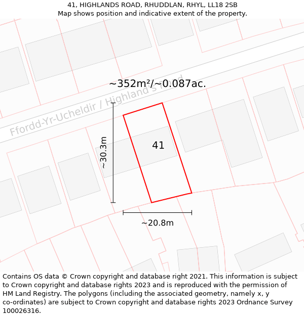 41, HIGHLANDS ROAD, RHUDDLAN, RHYL, LL18 2SB: Plot and title map