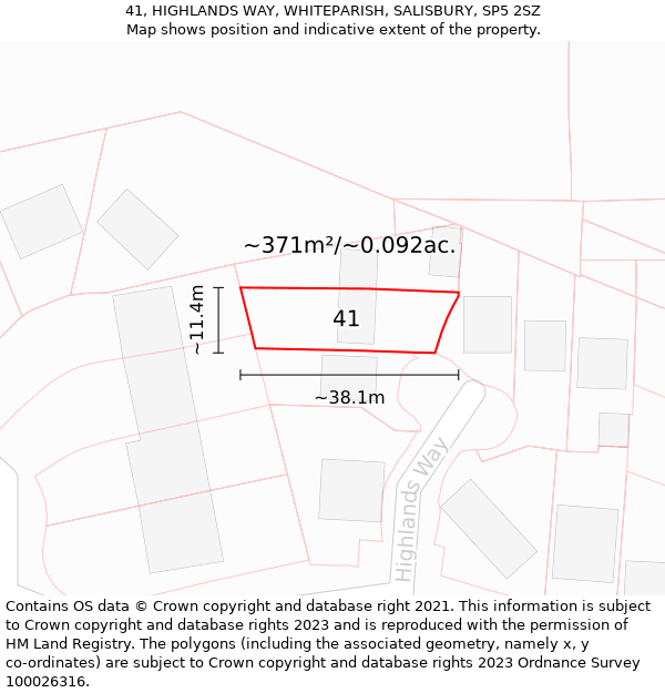 41, HIGHLANDS WAY, WHITEPARISH, SALISBURY, SP5 2SZ: Plot and title map