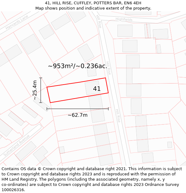 41, HILL RISE, CUFFLEY, POTTERS BAR, EN6 4EH: Plot and title map