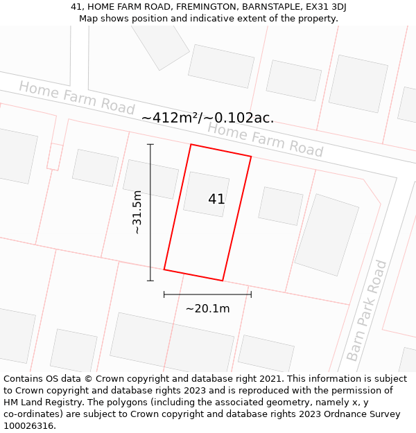 41, HOME FARM ROAD, FREMINGTON, BARNSTAPLE, EX31 3DJ: Plot and title map