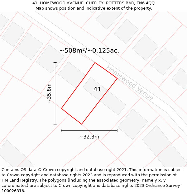 41, HOMEWOOD AVENUE, CUFFLEY, POTTERS BAR, EN6 4QQ: Plot and title map