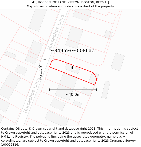 41, HORSESHOE LANE, KIRTON, BOSTON, PE20 1LJ: Plot and title map