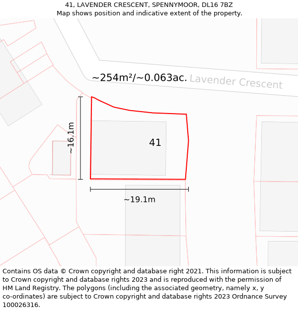 41, LAVENDER CRESCENT, SPENNYMOOR, DL16 7BZ: Plot and title map