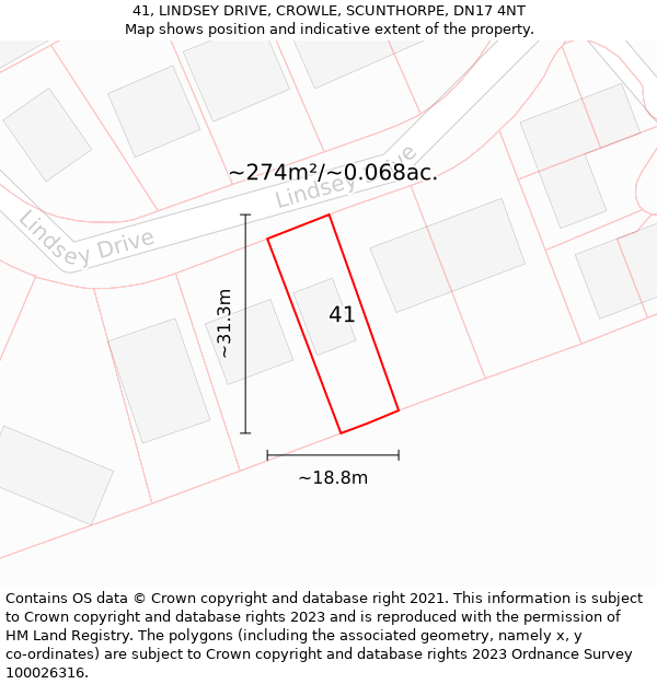 41, LINDSEY DRIVE, CROWLE, SCUNTHORPE, DN17 4NT: Plot and title map