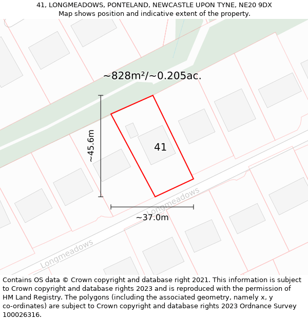 41, LONGMEADOWS, PONTELAND, NEWCASTLE UPON TYNE, NE20 9DX: Plot and title map