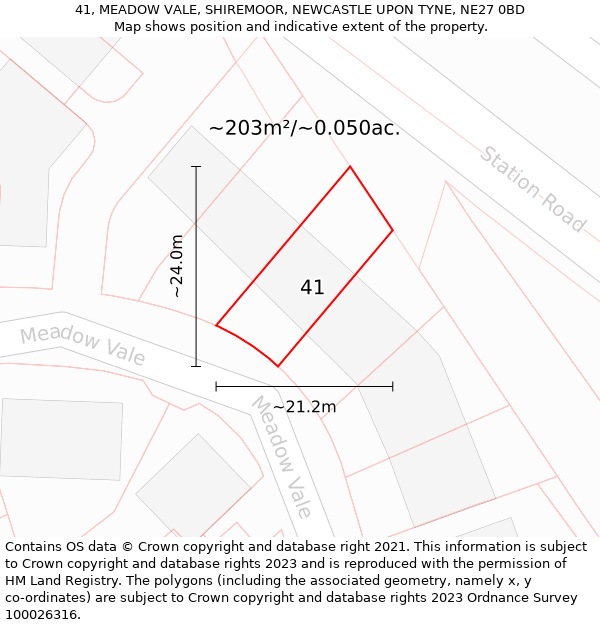 41, MEADOW VALE, SHIREMOOR, NEWCASTLE UPON TYNE, NE27 0BD: Plot and title map