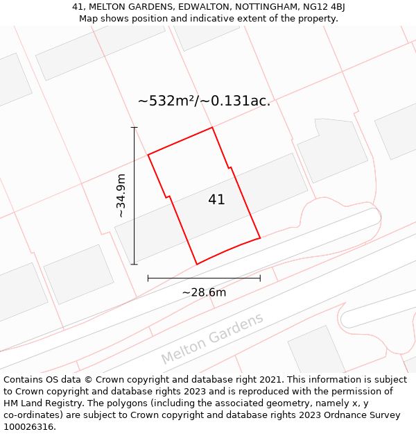 41, MELTON GARDENS, EDWALTON, NOTTINGHAM, NG12 4BJ: Plot and title map