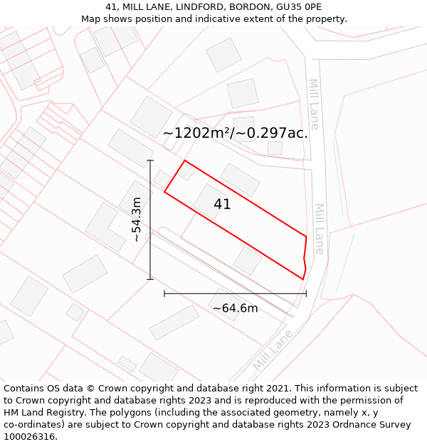 41, MILL LANE, LINDFORD, BORDON, GU35 0PE: Plot and title map