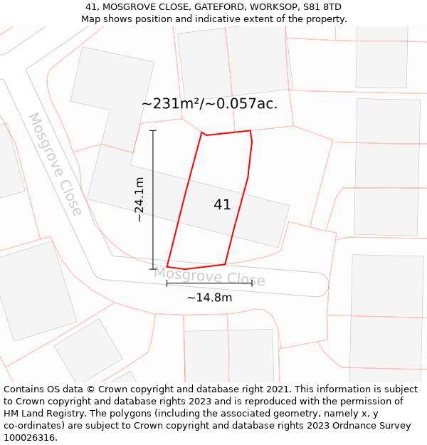 41, MOSGROVE CLOSE, GATEFORD, WORKSOP, S81 8TD: Plot and title map