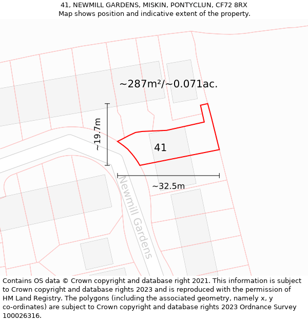 41, NEWMILL GARDENS, MISKIN, PONTYCLUN, CF72 8RX: Plot and title map