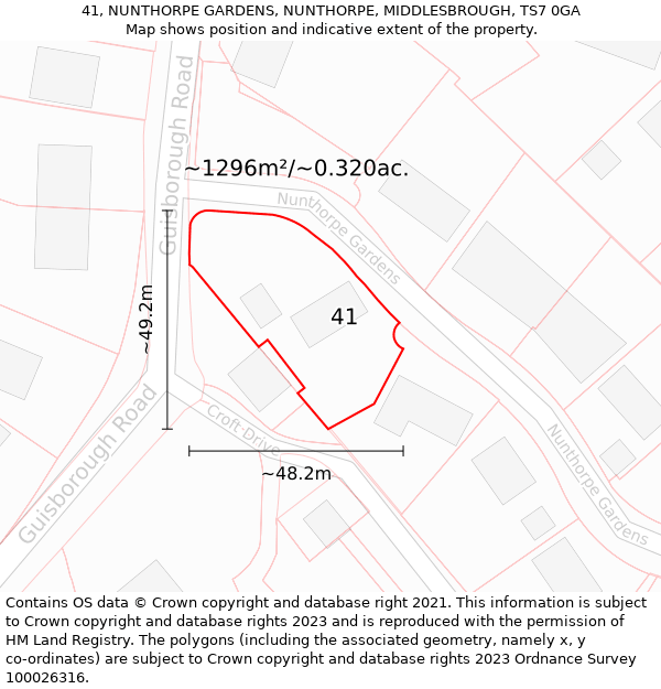 41, NUNTHORPE GARDENS, NUNTHORPE, MIDDLESBROUGH, TS7 0GA: Plot and title map