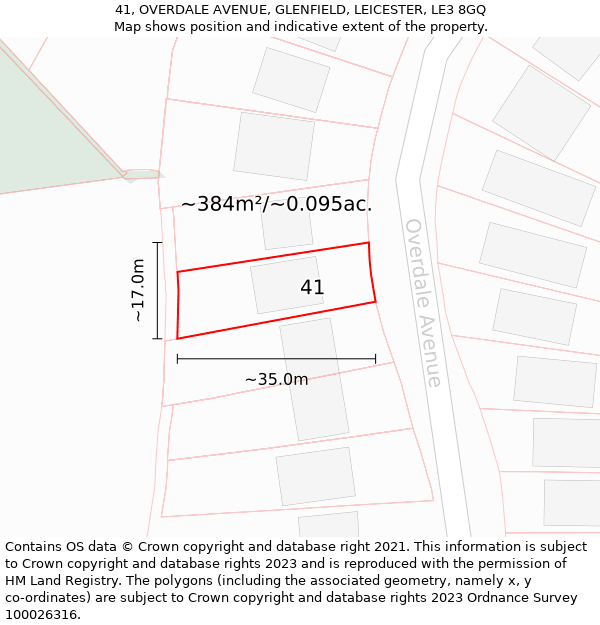 41, OVERDALE AVENUE, GLENFIELD, LEICESTER, LE3 8GQ: Plot and title map