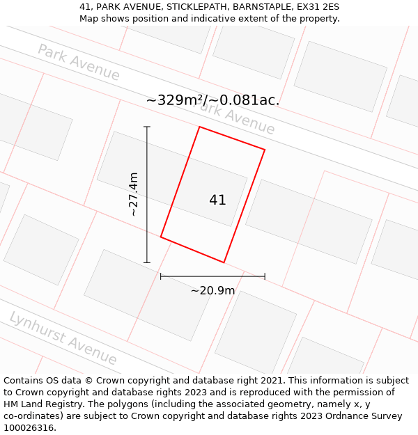 41, PARK AVENUE, STICKLEPATH, BARNSTAPLE, EX31 2ES: Plot and title map