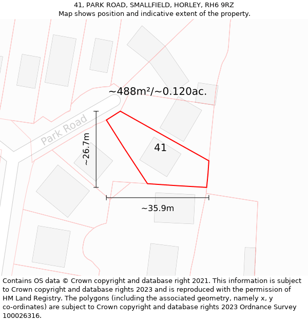 41, PARK ROAD, SMALLFIELD, HORLEY, RH6 9RZ: Plot and title map