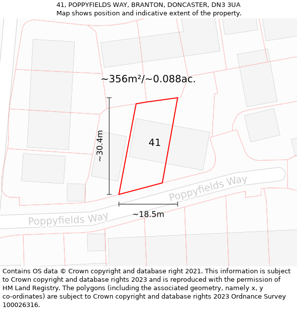 41, POPPYFIELDS WAY, BRANTON, DONCASTER, DN3 3UA: Plot and title map