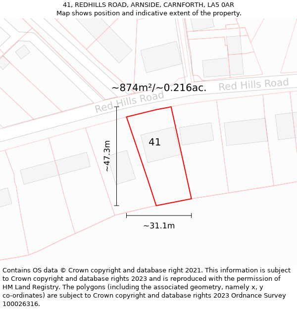 41, REDHILLS ROAD, ARNSIDE, CARNFORTH, LA5 0AR: Plot and title map