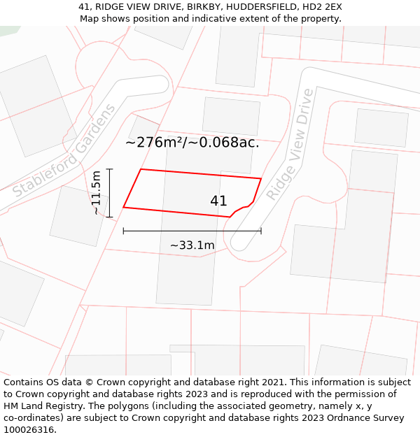 41, RIDGE VIEW DRIVE, BIRKBY, HUDDERSFIELD, HD2 2EX: Plot and title map