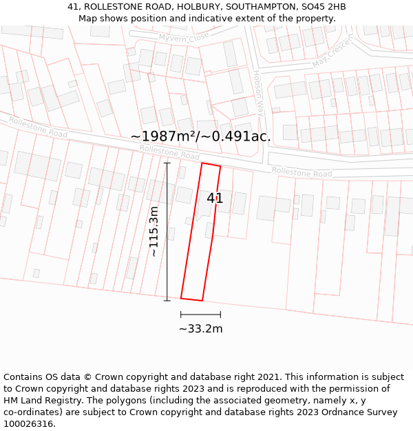 41, ROLLESTONE ROAD, HOLBURY, SOUTHAMPTON, SO45 2HB: Plot and title map