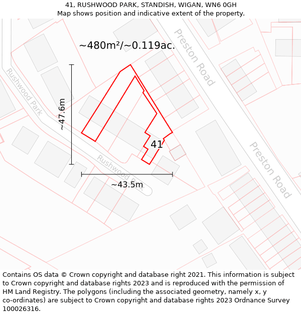 41, RUSHWOOD PARK, STANDISH, WIGAN, WN6 0GH: Plot and title map