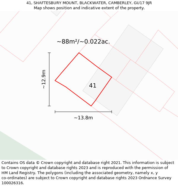 41, SHAFTESBURY MOUNT, BLACKWATER, CAMBERLEY, GU17 9JR: Plot and title map