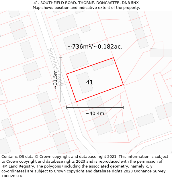 41, SOUTHFIELD ROAD, THORNE, DONCASTER, DN8 5NX: Plot and title map