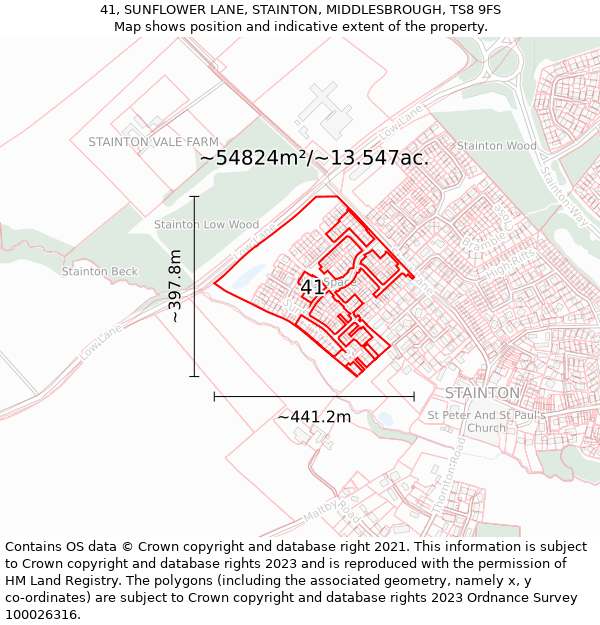 41, SUNFLOWER LANE, STAINTON, MIDDLESBROUGH, TS8 9FS: Plot and title map