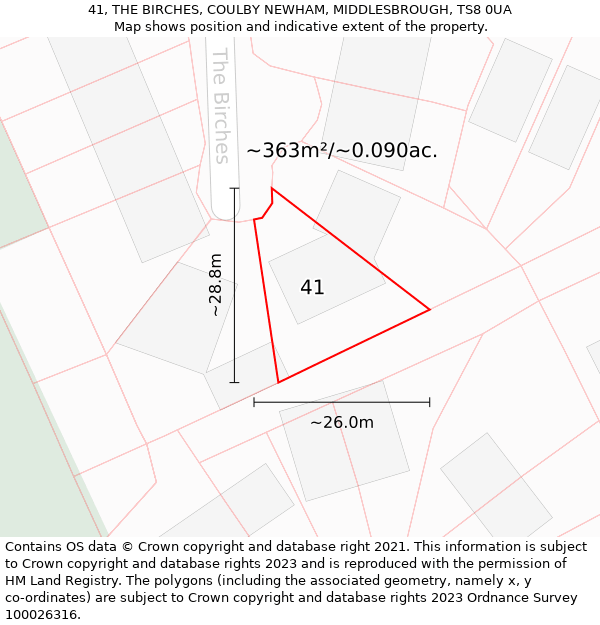 41, THE BIRCHES, COULBY NEWHAM, MIDDLESBROUGH, TS8 0UA: Plot and title map