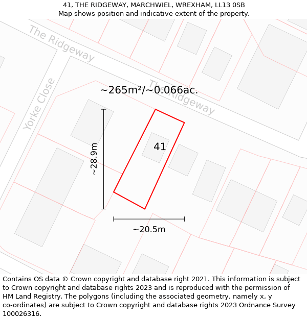 41, THE RIDGEWAY, MARCHWIEL, WREXHAM, LL13 0SB: Plot and title map