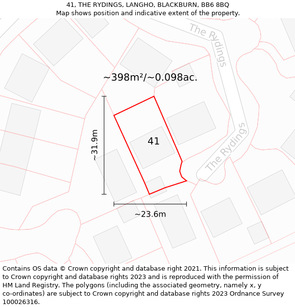 41, THE RYDINGS, LANGHO, BLACKBURN, BB6 8BQ: Plot and title map