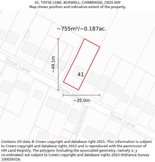 41, TOYSE LANE, BURWELL, CAMBRIDGE, CB25 0DF: Plot and title map