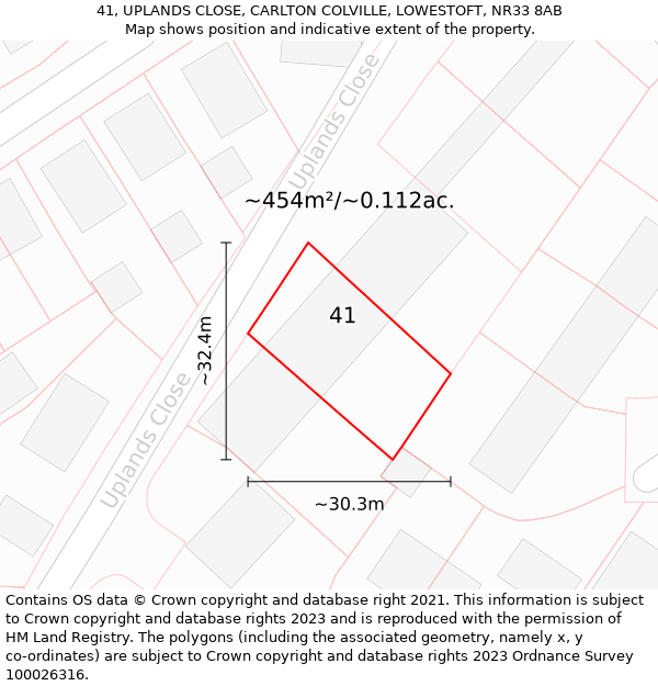 41, UPLANDS CLOSE, CARLTON COLVILLE, LOWESTOFT, NR33 8AB: Plot and title map