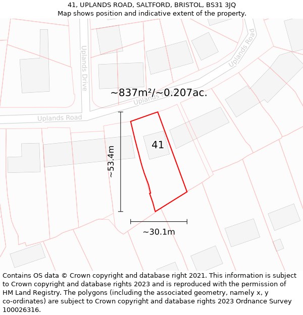 41, UPLANDS ROAD, SALTFORD, BRISTOL, BS31 3JQ: Plot and title map