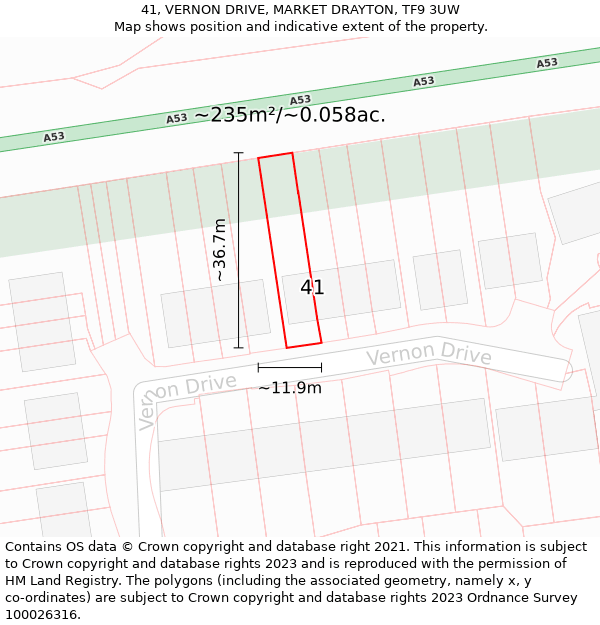 41, VERNON DRIVE, MARKET DRAYTON, TF9 3UW: Plot and title map