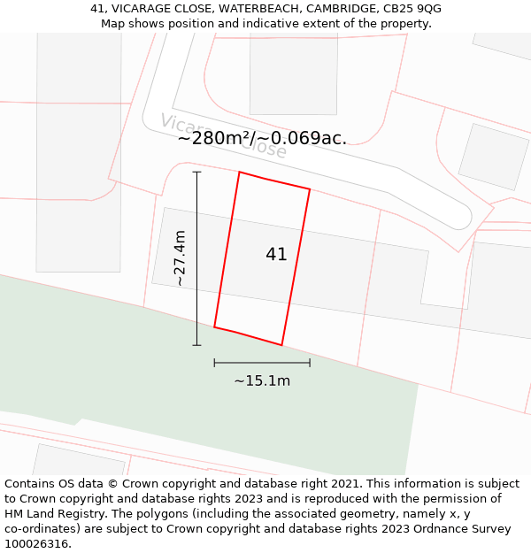 41, VICARAGE CLOSE, WATERBEACH, CAMBRIDGE, CB25 9QG: Plot and title map