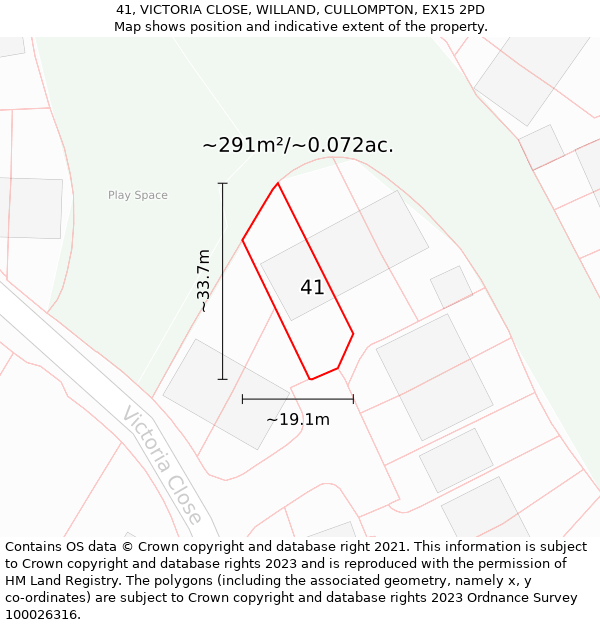 41, VICTORIA CLOSE, WILLAND, CULLOMPTON, EX15 2PD: Plot and title map