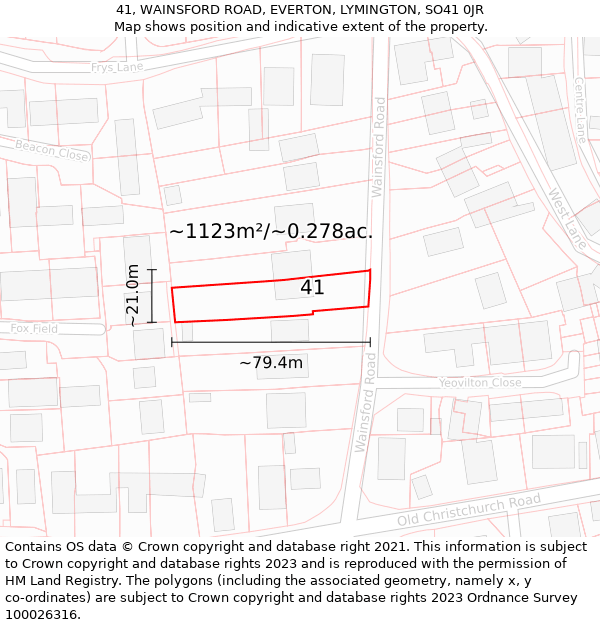 41, WAINSFORD ROAD, EVERTON, LYMINGTON, SO41 0JR: Plot and title map