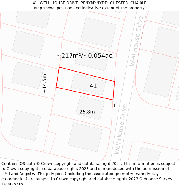 41, WELL HOUSE DRIVE, PENYMYNYDD, CHESTER, CH4 0LB: Plot and title map
