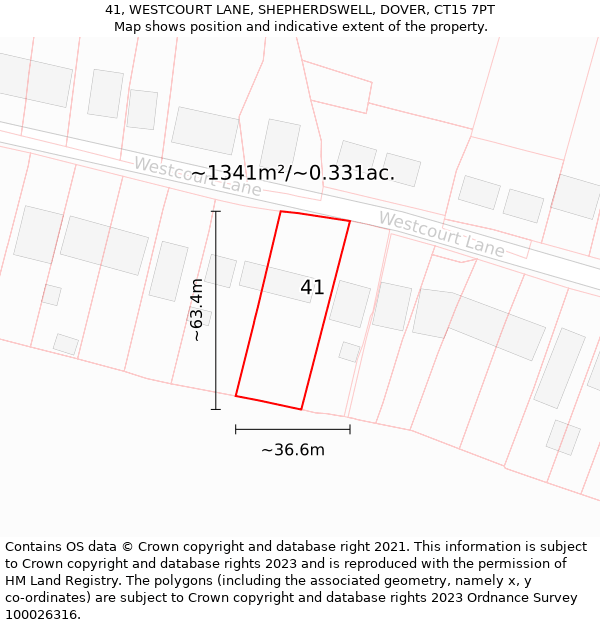 41, WESTCOURT LANE, SHEPHERDSWELL, DOVER, CT15 7PT: Plot and title map