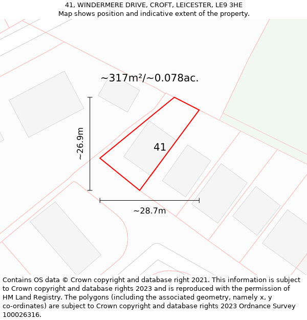 41, WINDERMERE DRIVE, CROFT, LEICESTER, LE9 3HE: Plot and title map