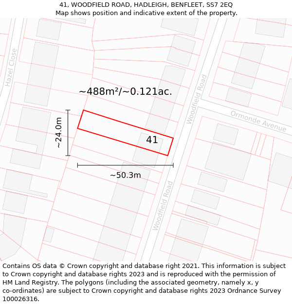 41, WOODFIELD ROAD, HADLEIGH, BENFLEET, SS7 2EQ: Plot and title map