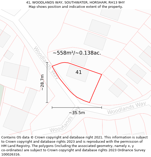 41, WOODLANDS WAY, SOUTHWATER, HORSHAM, RH13 9HY: Plot and title map