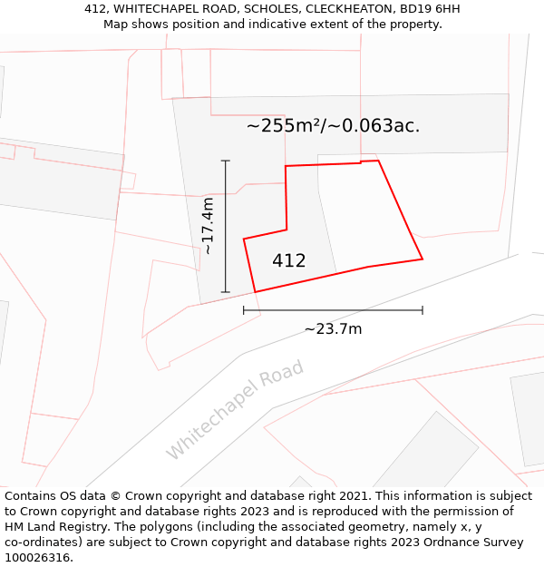 412, WHITECHAPEL ROAD, SCHOLES, CLECKHEATON, BD19 6HH: Plot and title map